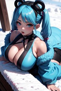 anime,busty,huge boobs,50s age,pouting lips face,blue hair,pigtails hair style,dark skin,3d,snow,close-up view,straddling,goth