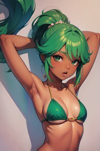 anime,busty,small tits,80s age,orgasm face,green hair,pixie hair style,dark skin,watercolor,wedding,side view,t-pose,bikini