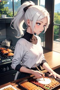 anime,busty,small tits,80s age,seductive face,white hair,ponytail hair style,light skin,charcoal,desert,side view,cooking,schoolgirl