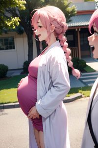 anime,pregnant,small tits,50s age,laughing face,pink hair,braided hair style,light skin,black and white,oasis,side view,eating,bathrobe