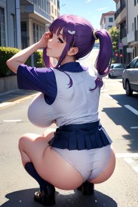 anime,skinny,huge boobs,70s age,happy face,purple hair,pigtails hair style,light skin,soft + warm,yacht,back view,squatting,schoolgirl