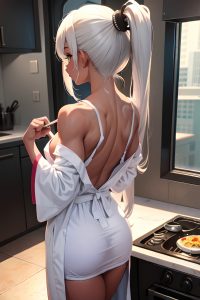 anime,muscular,small tits,40s age,sad face,white hair,pigtails hair style,dark skin,cyberpunk,train,back view,cooking,bathrobe