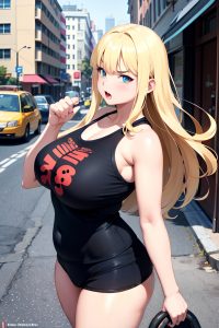 anime,chubby,small tits,18 age,angry face,blonde,straight hair style,light skin,film photo,street,side view,working out,goth