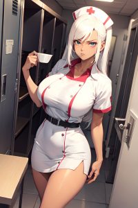 anime,skinny,huge boobs,50s age,angry face,white hair,straight hair style,dark skin,film photo,locker room,front view,eating,nurse
