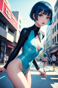 anime,skinny,small tits,50s age,shocked face,blue hair,bobcut hair style,light skin,cyberpunk,mall,front view,jumping,partially nude