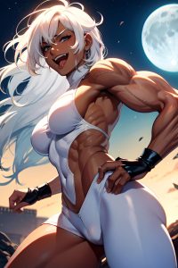 anime,muscular,small tits,70s age,laughing face,white hair,messy hair style,dark skin,soft anime,moon,side view,gaming,latex