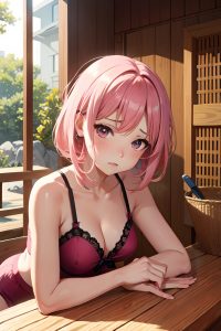 anime,busty,small tits,80s age,sad face,pink hair,bangs hair style,dark skin,painting,sauna,front view,massage,lingerie