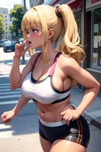 anime,chubby,small tits,80s age,angry face,blonde,bangs hair style,dark skin,skin detail (beta),street,side view,yoga,teacher