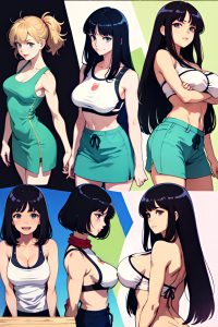 anime,skinny,huge boobs,80s age,laughing face,black hair,straight hair style,light skin,skin detail (beta),meadow,side view,on back,teacher