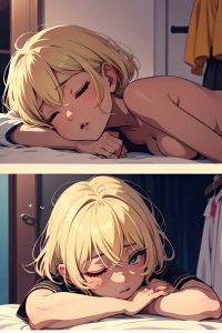 anime,pregnant,small tits,80s age,shocked face,blonde,pixie hair style,dark skin,illustration,changing room,close-up view,sleeping,goth
