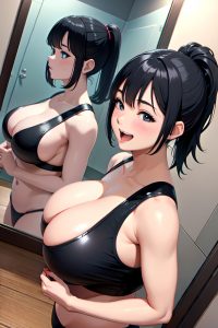 anime,chubby,small tits,30s age,laughing face,black hair,ponytail hair style,light skin,mirror selfie,gym,side view,massage,latex