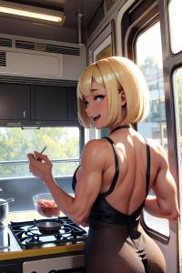 anime,muscular,small tits,40s age,laughing face,blonde,bobcut hair style,dark skin,3d,bus,back view,cooking,geisha