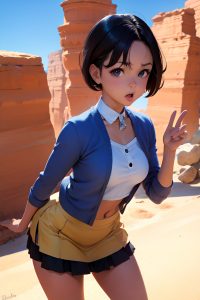 anime,busty,small tits,50s age,shocked face,brunette,pixie hair style,light skin,warm anime,desert,front view,gaming,mini skirt