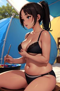 anime,chubby,small tits,20s age,seductive face,brunette,ponytail hair style,dark skin,painting,tent,side view,working out,bra