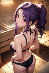 anime,busty,small tits,50s age,pouting lips face,purple hair,messy hair style,light skin,soft + warm,sauna,back view,working out,bikini