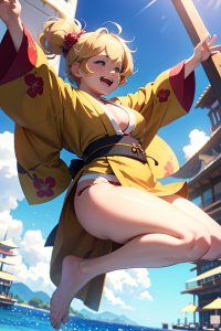 anime,chubby,small tits,20s age,laughing face,blonde,messy hair style,light skin,3d,yacht,side view,jumping,kimono