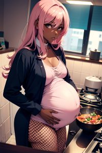anime,pregnant,small tits,70s age,sad face,pink hair,straight hair style,dark skin,dark fantasy,office,close-up view,cooking,fishnet