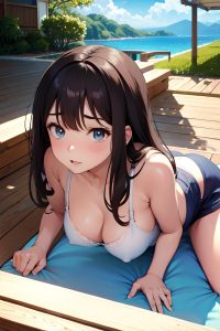 anime,pregnant,small tits,30s age,sad face,brunette,straight hair style,light skin,comic,yacht,side view,plank,bra