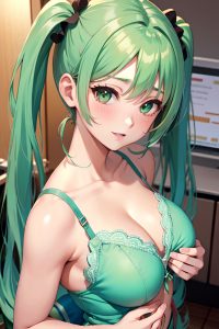 anime,busty,small tits,60s age,orgasm face,green hair,pigtails hair style,light skin,warm anime,hospital,close-up view,massage,bra