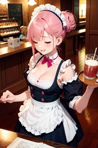 anime,busty,small tits,18 age,happy face,pink hair,hair bun hair style,light skin,vintage,bar,close-up view,sleeping,maid