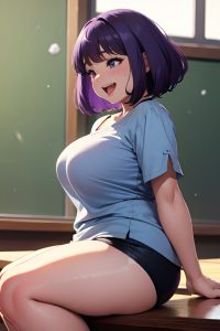 anime,chubby,small tits,80s age,laughing face,purple hair,bobcut hair style,dark skin,dark fantasy,snow,side view,spreading legs,teacher