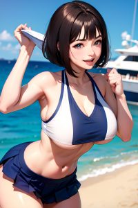anime,skinny,huge boobs,40s age,laughing face,brunette,bobcut hair style,light skin,comic,yacht,close-up view,working out,schoolgirl