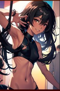 anime,skinny,small tits,70s age,happy face,black hair,messy hair style,dark skin,film photo,party,side view,on back,goth