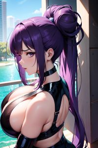 anime,busty,huge boobs,20s age,angry face,purple hair,hair bun hair style,dark skin,cyberpunk,lake,side view,on back,latex