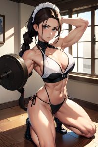 anime,muscular,small tits,40s age,serious face,brunette,braided hair style,light skin,charcoal,prison,front view,working out,maid