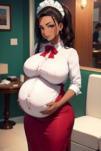 anime,pregnant,huge boobs,50s age,seductive face,brunette,slicked hair style,dark skin,soft + warm,casino,front view,massage,maid