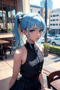 anime,skinny,small tits,70s age,shocked face,blue hair,pixie hair style,dark skin,black and white,restaurant,close-up view,jumping,mini skirt