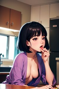 anime,busty,small tits,70s age,orgasm face,black hair,bobcut hair style,light skin,comic,kitchen,close-up view,eating,bathrobe