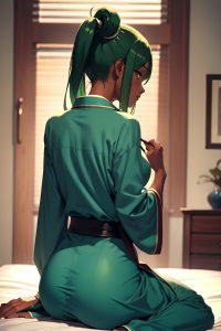 anime,skinny,small tits,40s age,serious face,green hair,ponytail hair style,dark skin,soft + warm,bedroom,back view,massage,bathrobe