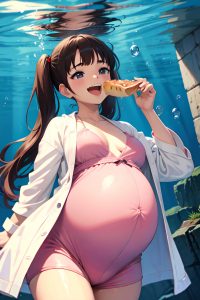 anime,pregnant,small tits,18 age,laughing face,brunette,pigtails hair style,light skin,comic,underwater,close-up view,eating,bathrobe