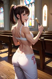 anime,muscular,small tits,60s age,laughing face,brunette,pigtails hair style,light skin,painting,church,back view,on back,pajamas
