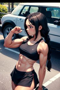 anime,muscular,small tits,70s age,sad face,black hair,braided hair style,dark skin,charcoal,car,side view,working out,mini skirt