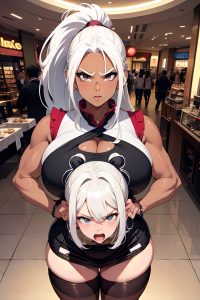 anime,busty,huge boobs,80s age,angry face,white hair,ponytail hair style,dark skin,vintage,mall,front view,plank,mini skirt