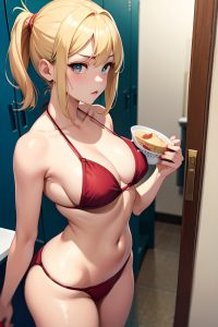 anime,busty,small tits,40s age,serious face,blonde,bangs hair style,light skin,watercolor,locker room,side view,eating,bikini