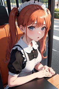 anime,busty,small tits,80s age,shocked face,ginger,pigtails hair style,dark skin,charcoal,bus,close-up view,on back,maid