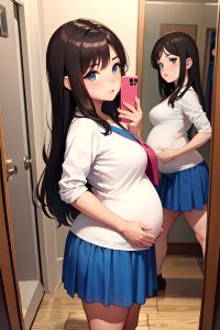 anime,pregnant,small tits,40s age,pouting lips face,brunette,straight hair style,light skin,mirror selfie,mountains,side view,t-pose,mini skirt