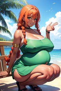 anime,pregnant,huge boobs,60s age,happy face,ginger,braided hair style,dark skin,watercolor,couch,side view,squatting,fishnet