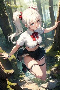 anime,busty,small tits,60s age,sad face,white hair,pigtails hair style,light skin,dark fantasy,forest,front view,jumping,mini skirt