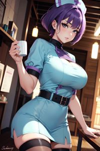 anime,busty,huge boobs,60s age,serious face,purple hair,pixie hair style,light skin,charcoal,cafe,front view,jumping,nurse