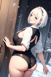 anime,chubby,small tits,60s age,happy face,white hair,bangs hair style,light skin,charcoal,snow,back view,cumshot,nurse