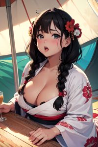 anime,chubby,small tits,70s age,shocked face,brunette,braided hair style,light skin,black and white,tent,front view,straddling,kimono