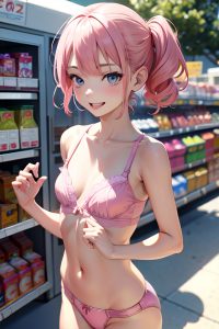 anime,skinny,small tits,18 age,happy face,pink hair,slicked hair style,light skin,soft anime,grocery,front view,on back,lingerie