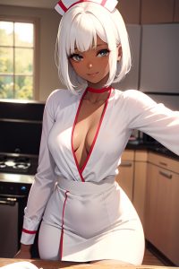 anime,skinny,small tits,70s age,happy face,white hair,bangs hair style,dark skin,soft + warm,kitchen,close-up view,t-pose,nurse