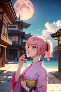 anime,skinny,small tits,30s age,pouting lips face,pink hair,pixie hair style,light skin,3d,moon,side view,t-pose,kimono