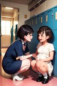 anime,pregnant,small tits,50s age,laughing face,brunette,bobcut hair style,light skin,illustration,locker room,side view,squatting,maid