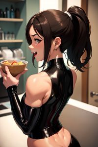 anime,muscular,small tits,20s age,laughing face,brunette,ponytail hair style,dark skin,film photo,party,back view,eating,latex